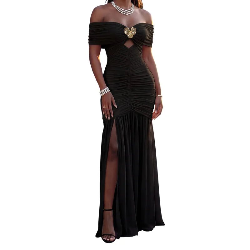 Robe longue de soirée élégante pour femme, nouvelle collection printemps 2026, couleur unie, épaules dénudées, plissée, ourlet fendu, devant ajouré, style tempérament - FATAONRobe longue de soirée élégante pour femme, nouvelle collection printemps 2026, couleur unie, épaules dénudées, plissée, ourlet fendu, devant ajouré, style tempéramentMode FemmeFATAON