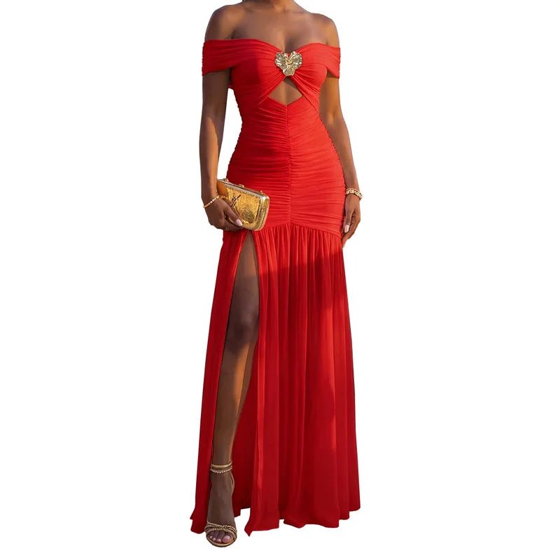 Robe longue de soirée élégante pour femme, nouvelle collection printemps 2026, couleur unie, épaules dénudées, plissée, ourlet fendu, devant ajouré, style tempérament - FATAONRobe longue de soirée élégante pour femme, nouvelle collection printemps 2026, couleur unie, épaules dénudées, plissée, ourlet fendu, devant ajouré, style tempéramentMode FemmeFATAON