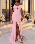 Robe longue de soirée élégante pour femme, nouvelle collection printemps 2026, couleur unie, épaules dénudées, plissée, ourlet fendu, devant ajouré, style tempérament - FATAONRobe longue de soirée élégante pour femme, nouvelle collection printemps 2026, couleur unie, épaules dénudées, plissée, ourlet fendu, devant ajouré, style tempéramentMode FemmeFATAON