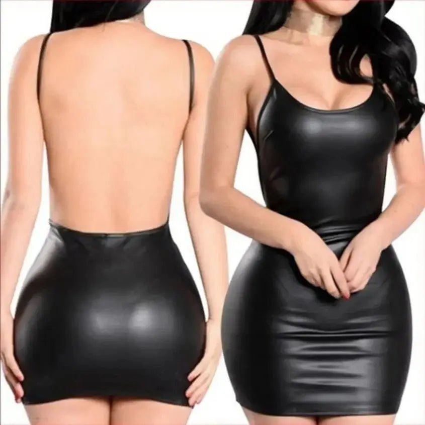 Robe Sexy en Faux cuir, dos nu, soirée en Club, Cosplay, courte, couleur unie, noir, aspect mouillé, Latex, moulante, body serré, Mini Micro - FATAONRobe Sexy en Faux cuir, dos nu, soirée en Club, Cosplay, courte, couleur unie, noir, aspect mouillé, Latex, moulante, body serré, Mini MicroMode FemmeFATAON