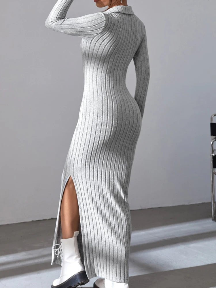 Robe sexy en tricot pour femmes, col en v, col inversé, fendue, manches longues, élastique, pull basique, automne hiver - FATAONRobe sexy en tricot pour femmes, col en v, col inversé, fendue, manches longues, élastique, pull basique, automne hiverMode FemmeFATAON