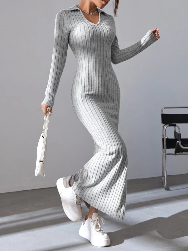 Robe sexy en tricot pour femmes, col en v, col inversé, fendue, manches longues, élastique, pull basique, automne hiver - FATAONRobe sexy en tricot pour femmes, col en v, col inversé, fendue, manches longues, élastique, pull basique, automne hiverMode FemmeFATAON