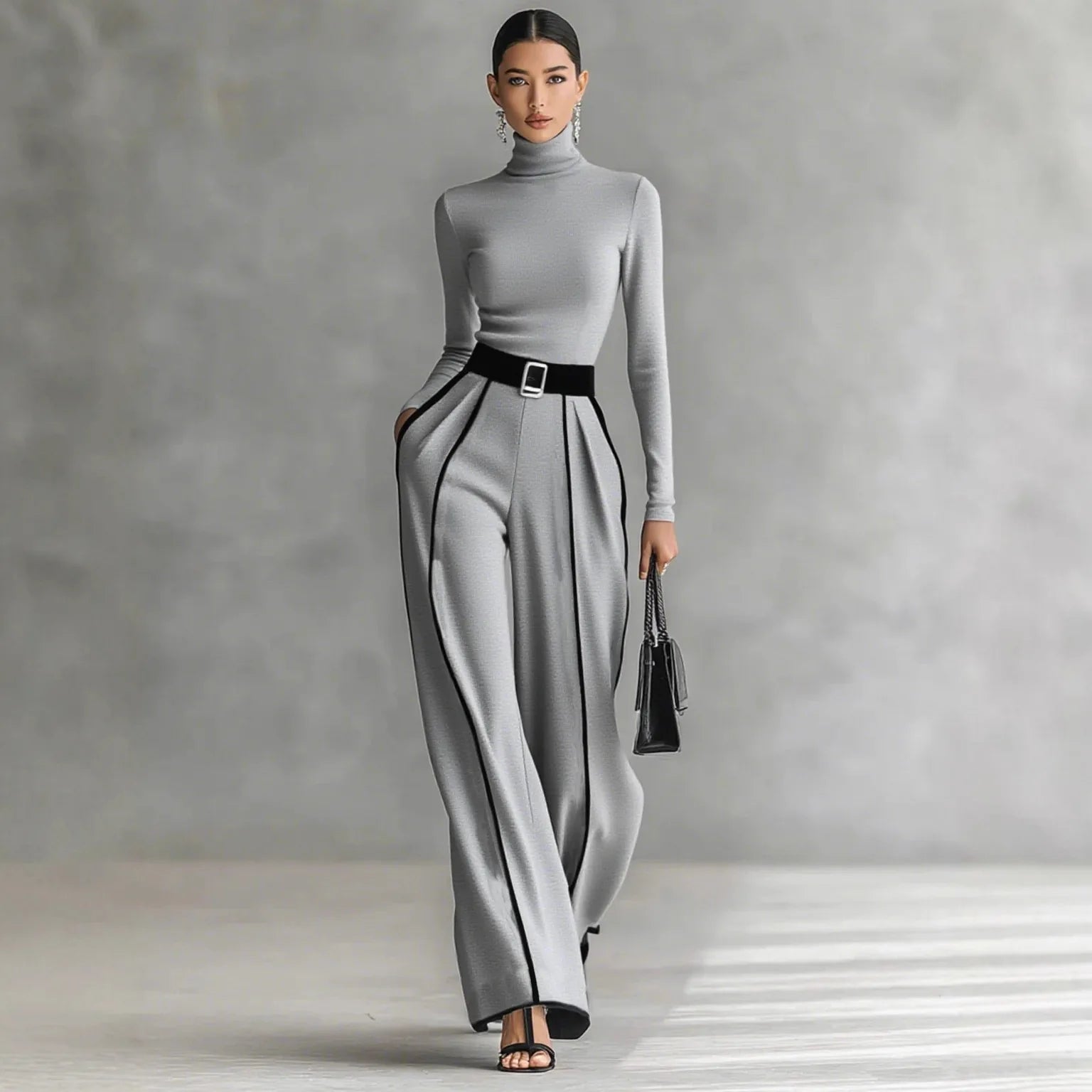 Salopette en Patchwork imprimé rayé pour femme, élégante, col haut, haut Slim, pull et pantalon à jambes larges, costume d'hiver, automne - FATAONSalopette en Patchwork imprimé rayé pour femme, élégante, col haut, haut Slim, pull et pantalon à jambes larges, costume d'hiver, automneMode FemmeFATAON
