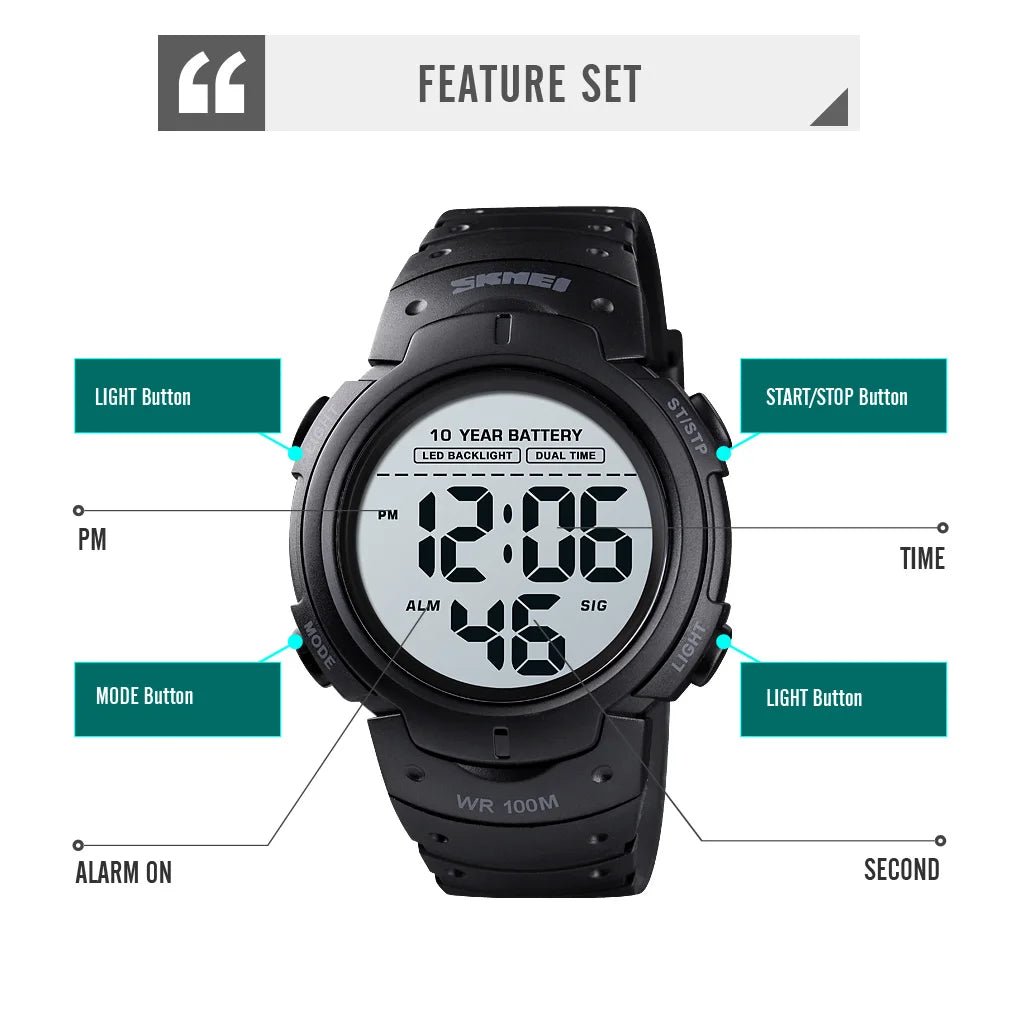 SKMEI-Montre-bracelet numérique étanche pour homme, 1560 m, 2 fois, 10 ans, batterie, réveil, sport, fitness, 100 - FATAONSKMEI-Montre-bracelet numérique étanche pour homme, 1560 m, 2 fois, 10 ans, batterie, réveil, sport, fitness, 100Mode HommeFATAON