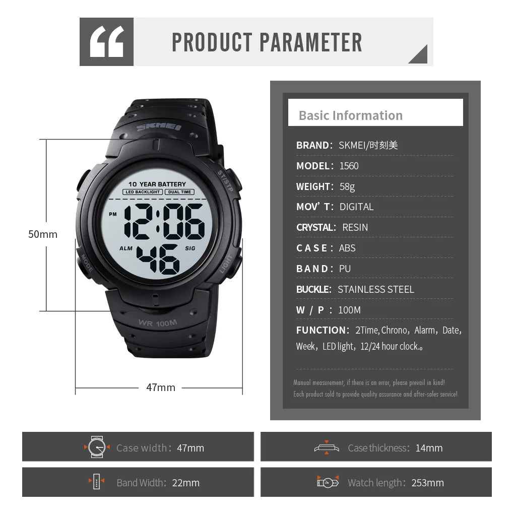 SKMEI-Montre-bracelet numérique étanche pour homme, 1560 m, 2 fois, 10 ans, batterie, réveil, sport, fitness, 100 - FATAONSKMEI-Montre-bracelet numérique étanche pour homme, 1560 m, 2 fois, 10 ans, batterie, réveil, sport, fitness, 100Mode HommeFATAON