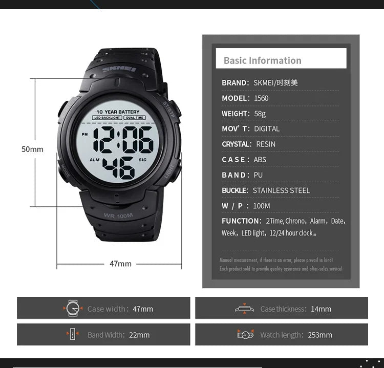 SKMEI-Montre-bracelet numérique étanche pour homme, 1560 m, 2 fois, 10 ans, batterie, réveil, sport, fitness, 100 - FATAONSKMEI-Montre-bracelet numérique étanche pour homme, 1560 m, 2 fois, 10 ans, batterie, réveil, sport, fitness, 100Mode HommeFATAON