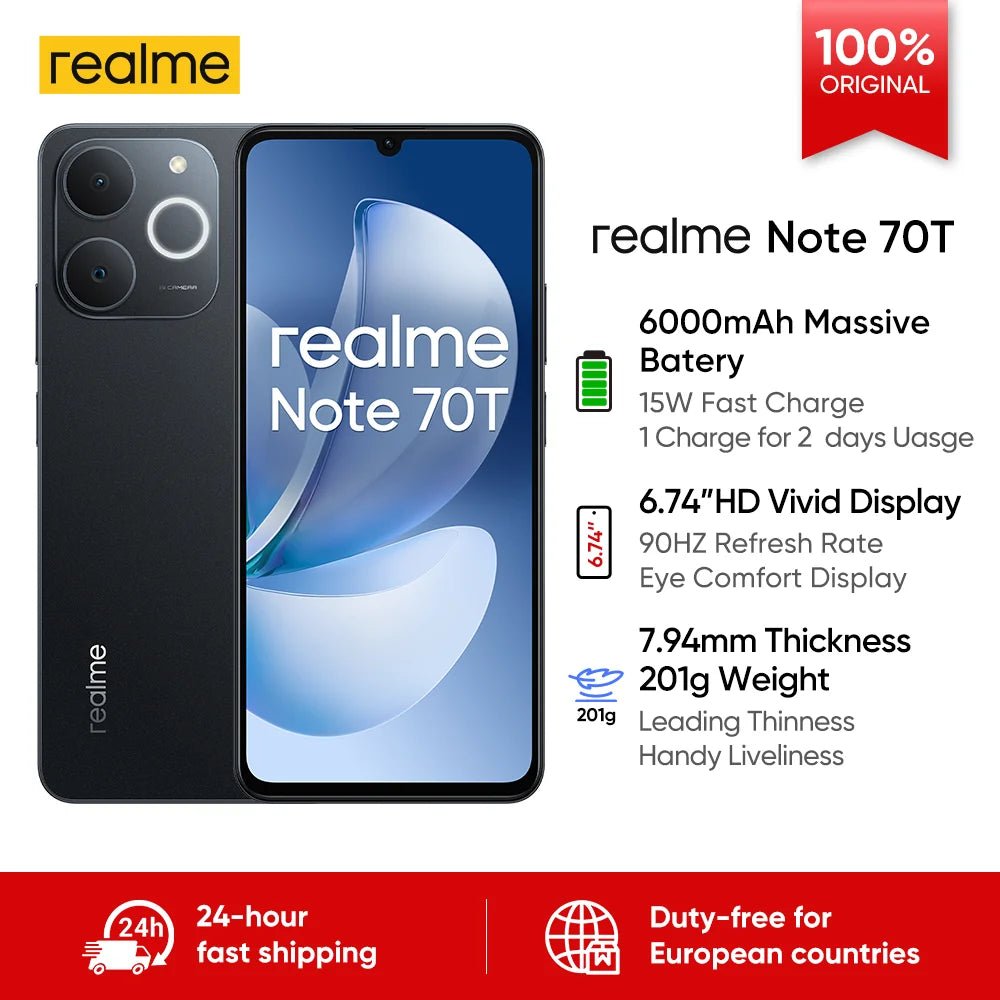 Smartphone Realme Note 70T AI, version mondiale, écran 6,75 pouces 90 Hz, batterie 6000 mAh, appareil photo AI 13 MP, chipset octa-core, IP54 - FATAONSmartphone Realme Note 70T AI, version mondiale, écran 6,75 pouces 90 Hz, batterie 6000 mAh, appareil photo AI 13 MP, chipset octa-core, IP54Productivité & OrganisationFATAON