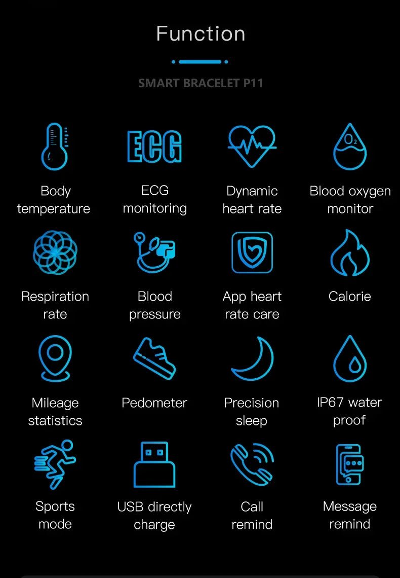 Smartwatch Ekg Bracelet intelligent étanche P11 Plus Bracelet intelligent traqueur d'activité sang oxygène Smartband Bracelet de Fitness - FATAONSmartwatch Ekg Bracelet intelligent étanche P11 Plus Bracelet intelligent traqueur d'activité sang oxygène Smartband Bracelet de FitnessFitness & SportFATAON