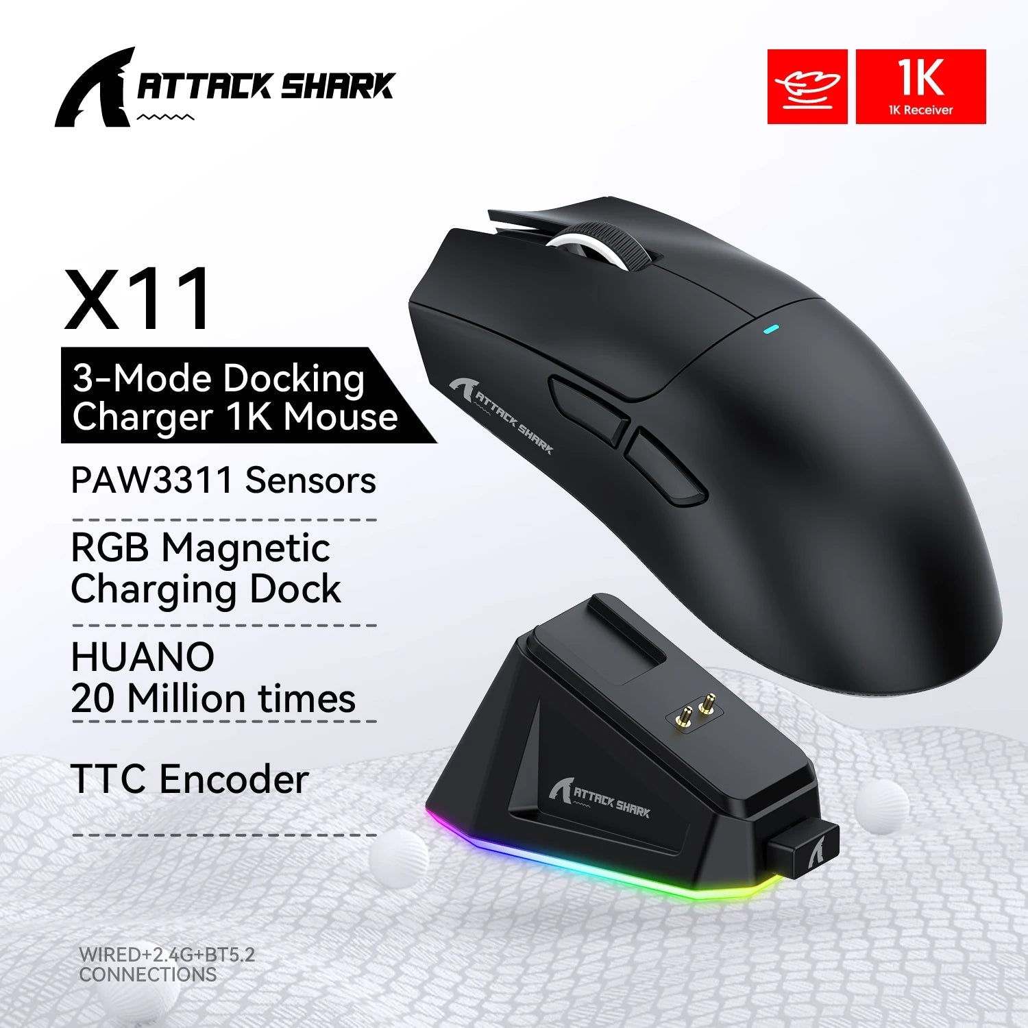 Souris de jeu sans fil ATTACK SHARK X11, capteur PAW3311, 22000 DPI, 3 modes, filaire, 2.4G BT, 280 mAh, souris rechargeable - FATAONSouris de jeu sans fil ATTACK SHARK X11, capteur PAW3311, 22000 DPI, 3 modes, filaire, 2.4G BT, 280 mAh, souris rechargeableProductivité & OrganisationFATAON