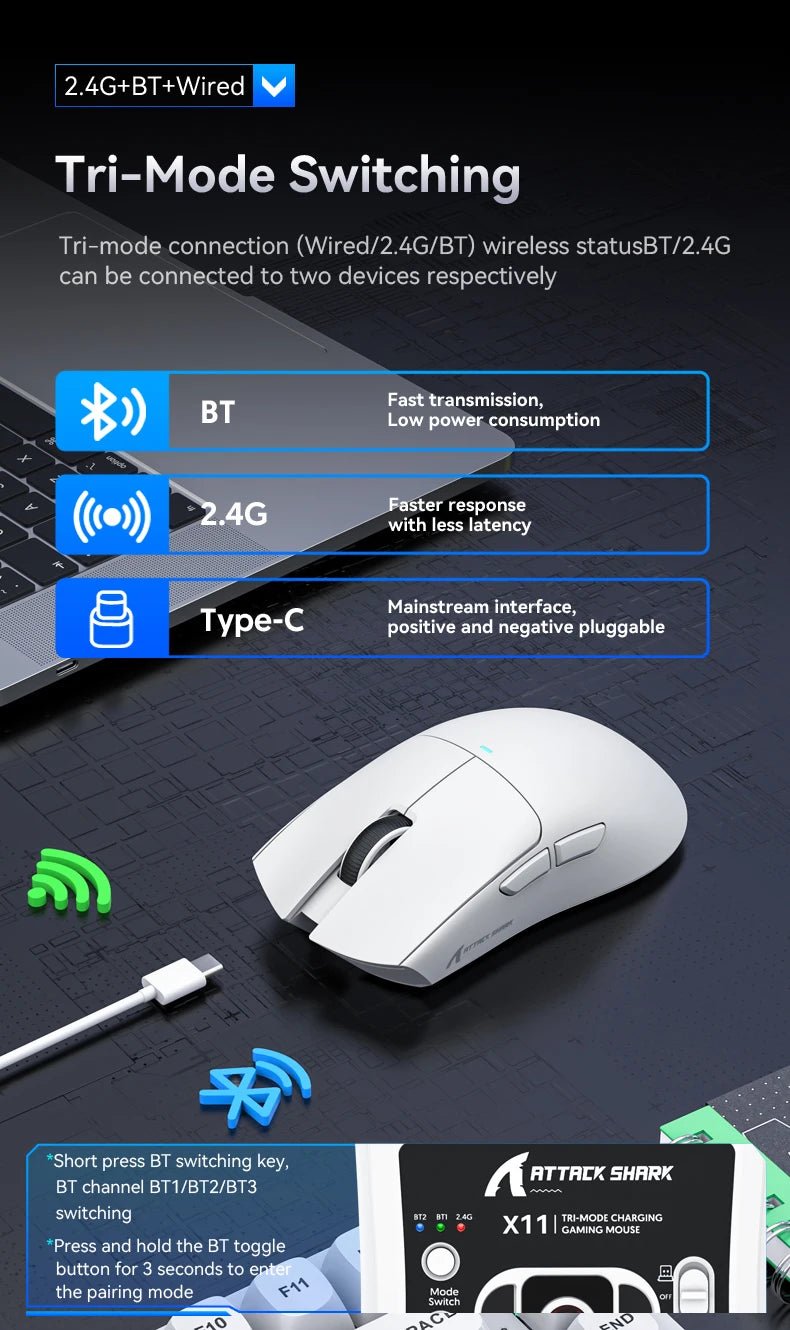 Souris de jeu sans fil ATTACK SHARK X11, capteur PAW3311, 22000 DPI, 3 modes, filaire, 2.4G BT, 280 mAh, souris rechargeable - FATAONSouris de jeu sans fil ATTACK SHARK X11, capteur PAW3311, 22000 DPI, 3 modes, filaire, 2.4G BT, 280 mAh, souris rechargeableProductivité & OrganisationFATAON