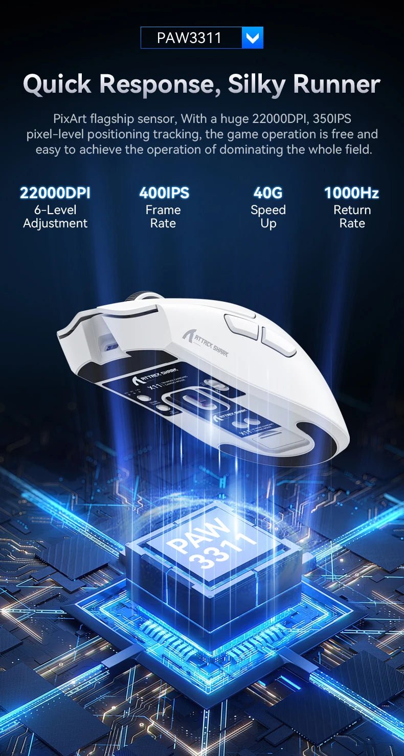 Souris de jeu sans fil ATTACK SHARK X11, capteur PAW3311, 22000 DPI, 3 modes, filaire, 2.4G BT, 280 mAh, souris rechargeable - FATAONSouris de jeu sans fil ATTACK SHARK X11, capteur PAW3311, 22000 DPI, 3 modes, filaire, 2.4G BT, 280 mAh, souris rechargeableProductivité & OrganisationFATAON