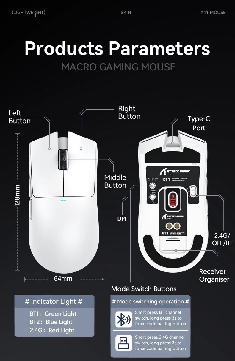 Souris de jeu sans fil ATTACK SHARK X11, capteur PAW3311, 22000 DPI, 3 modes, filaire, 2.4G BT, 280 mAh, souris rechargeable - FATAONSouris de jeu sans fil ATTACK SHARK X11, capteur PAW3311, 22000 DPI, 3 modes, filaire, 2.4G BT, 280 mAh, souris rechargeableProductivité & OrganisationFATAON