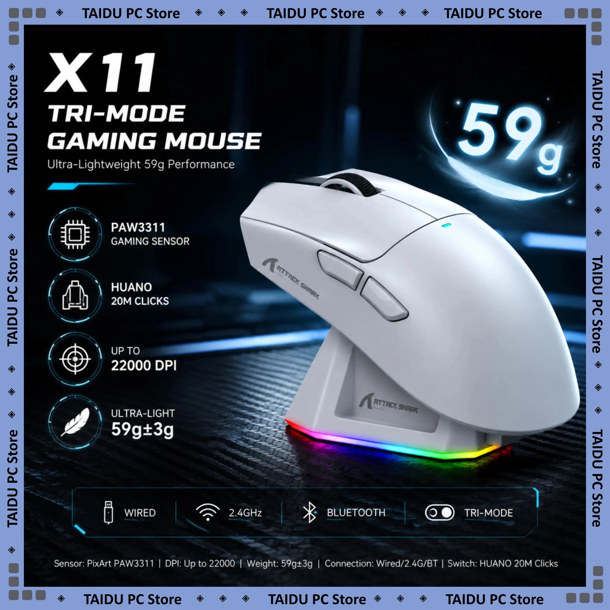 Souris de jeu sans fil ATTACK SHARK X11, capteur PAW3311, 22000 DPI, 3 modes, filaire, 2.4G BT, 280 mAh, souris rechargeable - FATAONSouris de jeu sans fil ATTACK SHARK X11, capteur PAW3311, 22000 DPI, 3 modes, filaire, 2.4G BT, 280 mAh, souris rechargeableProductivité & OrganisationFATAON