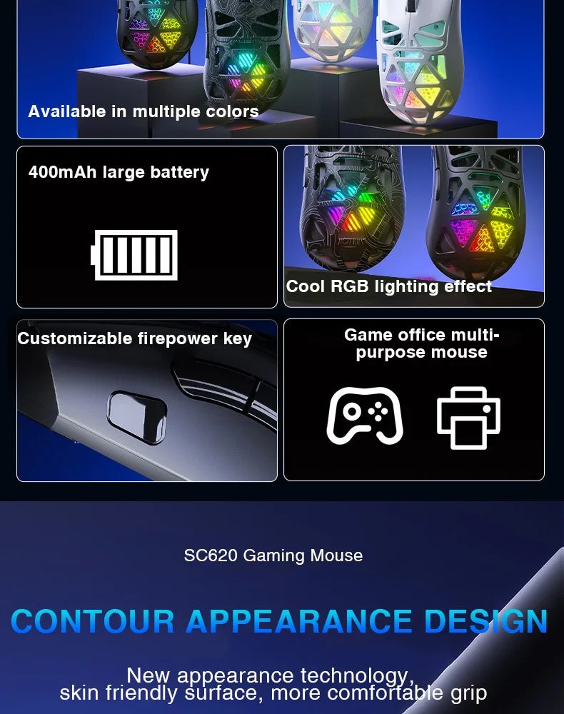 Souris de jeu sans fil AULA SC620, design léger, effets lumineux multiples, bouton de tir personnalisable, détection de mouvement optique - FATAONSouris de jeu sans fil AULA SC620, design léger, effets lumineux multiples, bouton de tir personnalisable, détection de mouvement optiqueProductivité & OrganisationFATAON