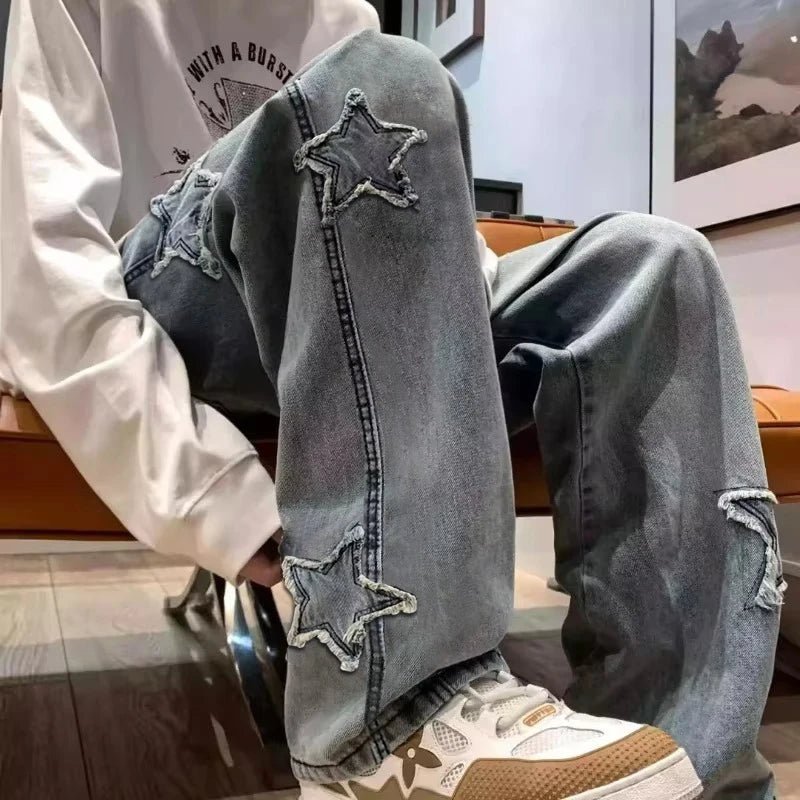 Star Embroidery Straight Casual Men Jeans Gothic Neutral New Wide Leg Loose Hip - Hop Fashion Youth Streetwear Denim Trousers Y2K - Fix & GoStar Embroidery Straight Casual Men Jeans Gothic Neutral New Wide Leg Loose Hip - Hop Fashion Youth Streetwear Denim Trousers Y2KFix & Go