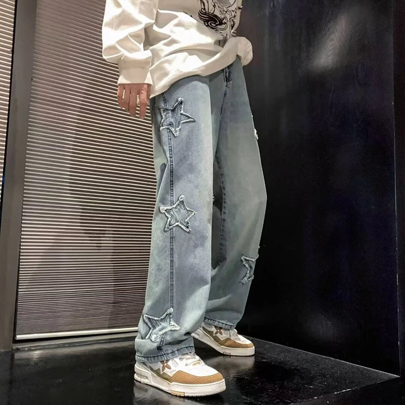 Star Embroidery Straight Casual Men Jeans Gothic Neutral New Wide Leg Loose Hip - Hop Fashion Youth Streetwear Denim Trousers Y2K - Fix & GoStar Embroidery Straight Casual Men Jeans Gothic Neutral New Wide Leg Loose Hip - Hop Fashion Youth Streetwear Denim Trousers Y2KFix & Go