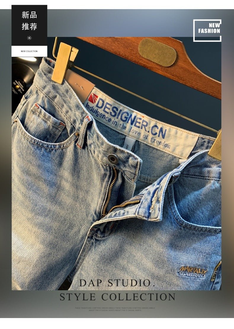 Summer Casual Shorts Men's plus size Light Color Five-point Jeans Trendy Embroidered High-end Men's Straight Pants - FATAONSummer Casual Shorts Men's plus size Light Color Five-point Jeans Trendy Embroidered High-end Men's Straight PantsMode HommeFATAON
