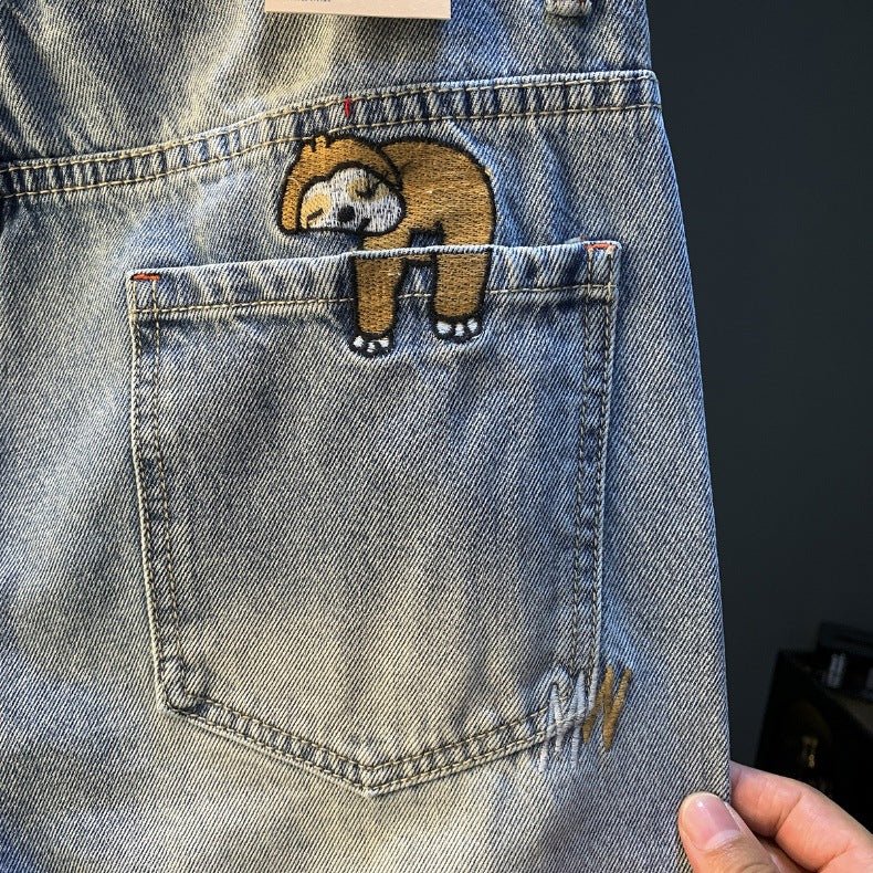 Summer Casual Shorts Men's plus size Light Color Five-point Jeans Trendy Embroidered High-end Men's Straight Pants - FATAONSummer Casual Shorts Men's plus size Light Color Five-point Jeans Trendy Embroidered High-end Men's Straight PantsMode HommeFATAON