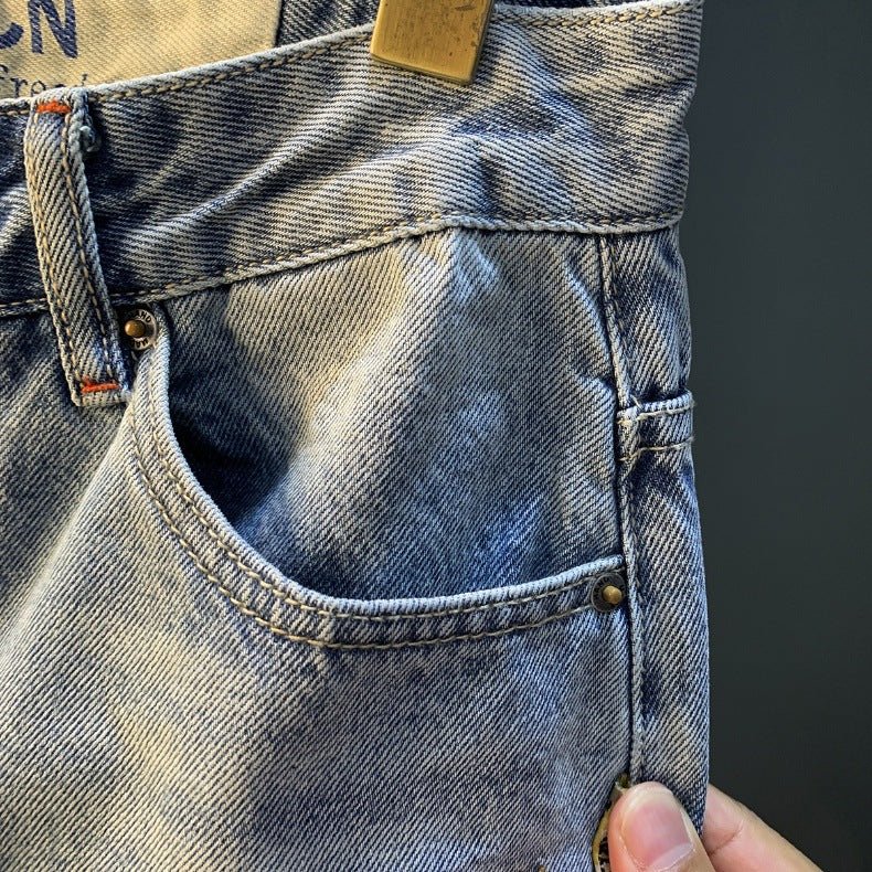 Summer Casual Shorts Men's plus size Light Color Five-point Jeans Trendy Embroidered High-end Men's Straight Pants - FATAONSummer Casual Shorts Men's plus size Light Color Five-point Jeans Trendy Embroidered High-end Men's Straight PantsMode HommeFATAON