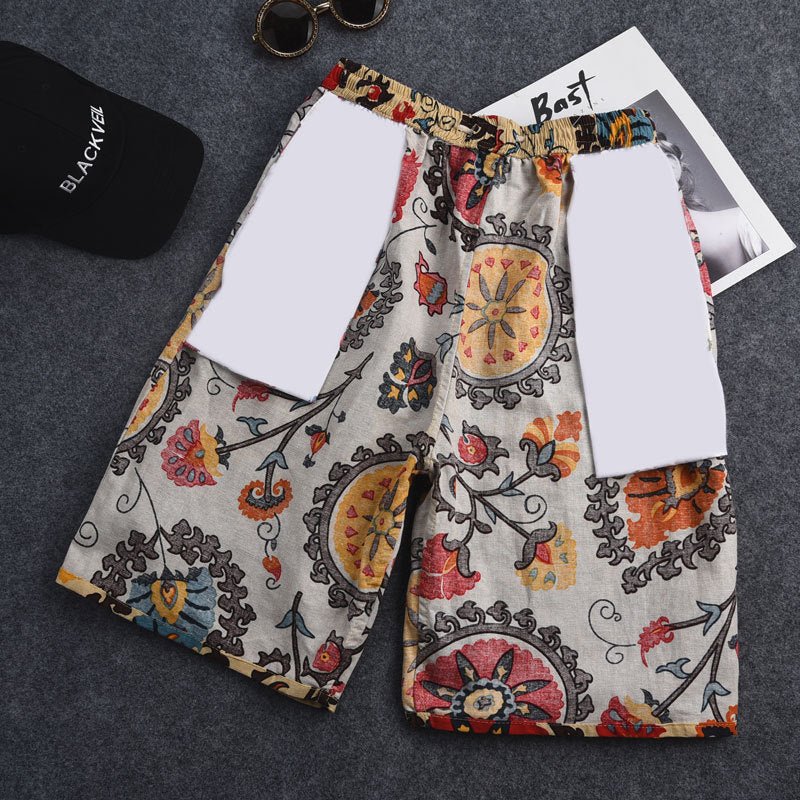 Summer new cotton and linen printed five-point men's beach pants casual sports loose plus size shorts men's thin fashion - FATAONSummer new cotton and linen printed five-point men's beach pants casual sports loose plus size shorts men's thin fashionMode HommeFATAON