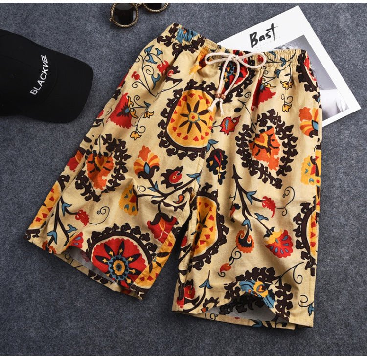 Summer new cotton and linen printed five-point men's beach pants casual sports loose plus size shorts men's thin fashion - FATAONSummer new cotton and linen printed five-point men's beach pants casual sports loose plus size shorts men's thin fashionMode HommeFATAON