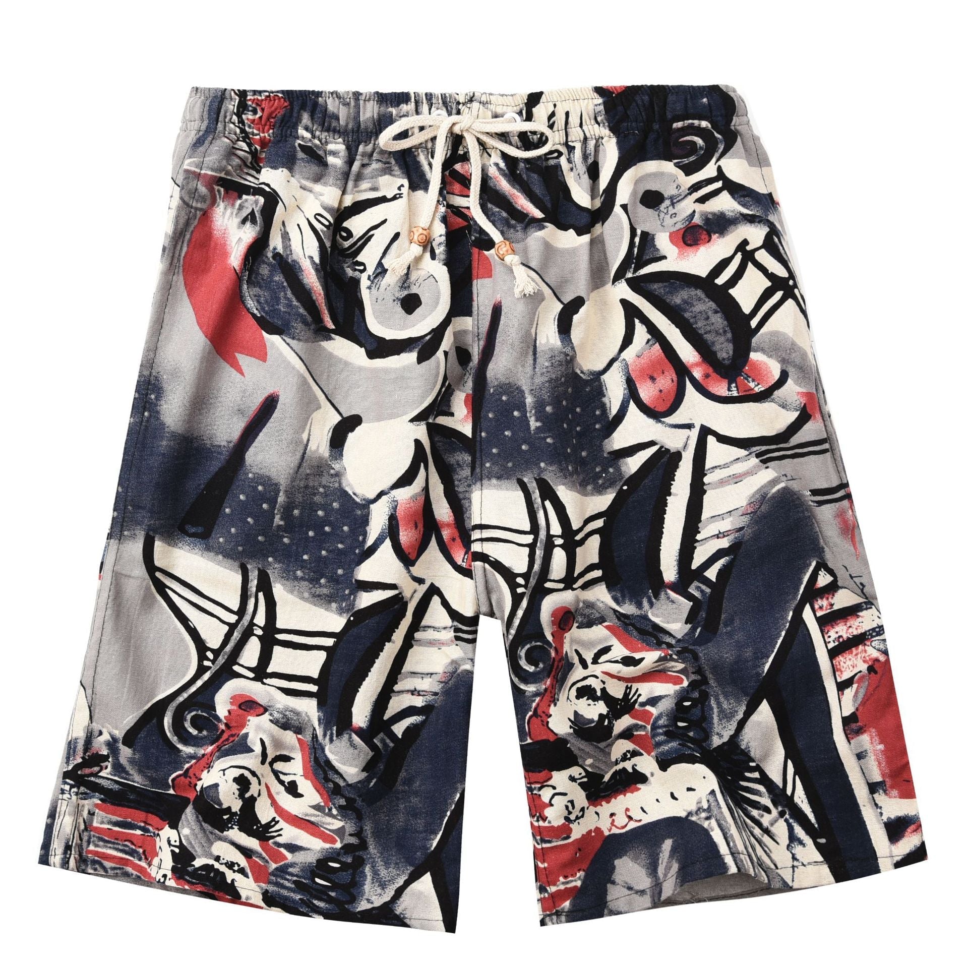 Summer new cotton and linen printed five-point men's beach pants casual sports loose plus size shorts men's thin fashion - FATAONSummer new cotton and linen printed five-point men's beach pants casual sports loose plus size shorts men's thin fashionMode HommeFATAON