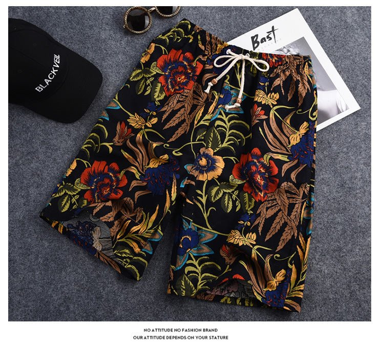 Summer new cotton and linen printed five-point men's beach pants casual sports loose plus size shorts men's thin fashion - FATAONSummer new cotton and linen printed five-point men's beach pants casual sports loose plus size shorts men's thin fashionMode HommeFATAON