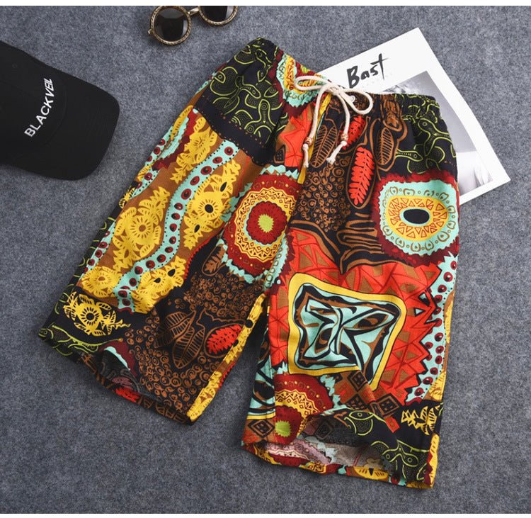 Summer new cotton and linen printed five-point men's beach pants casual sports loose plus size shorts men's thin fashion - FATAONSummer new cotton and linen printed five-point men's beach pants casual sports loose plus size shorts men's thin fashionMode HommeFATAON