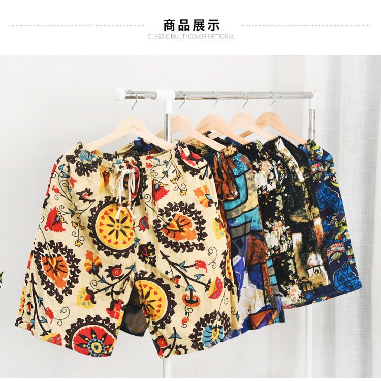 Summer new cotton and linen printed five-point men's beach pants casual sports loose plus size shorts men's thin fashion - FATAONSummer new cotton and linen printed five-point men's beach pants casual sports loose plus size shorts men's thin fashionMode HommeFATAON