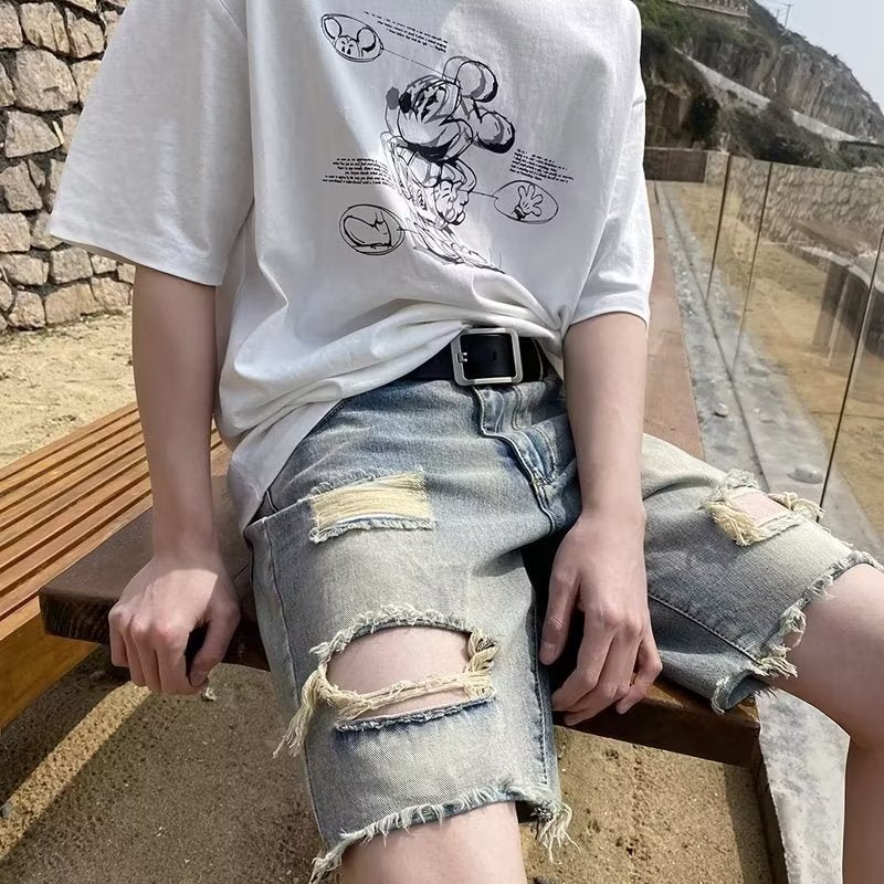 Summer New Ripped Rouge Denim Five-point Jeans ins Trendy Couples All-match Loose Niche Five-point Pants - FATAONSummer New Ripped Rouge Denim Five-point Jeans ins Trendy Couples All-match Loose Niche Five-point PantsMode HommeFATAON
