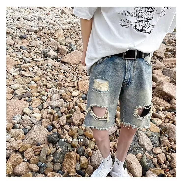 Summer New Ripped Rouge Denim Five-point Jeans ins Trendy Couples All-match Loose Niche Five-point Pants - FATAONSummer New Ripped Rouge Denim Five-point Jeans ins Trendy Couples All-match Loose Niche Five-point PantsMode HommeFATAON