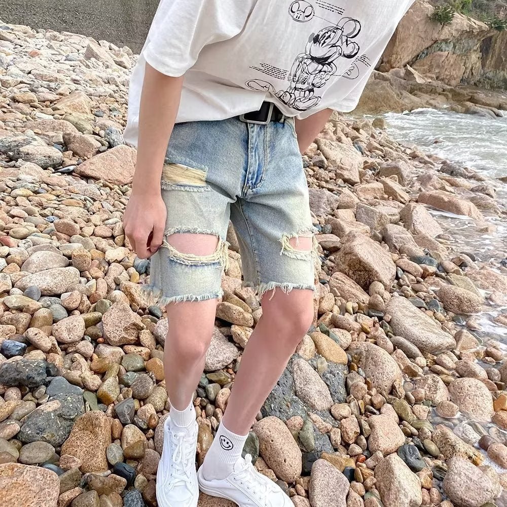 Summer New Ripped Rouge Denim Five-point Jeans ins Trendy Couples All-match Loose Niche Five-point Pants - FATAONSummer New Ripped Rouge Denim Five-point Jeans ins Trendy Couples All-match Loose Niche Five-point PantsMode HommeFATAON