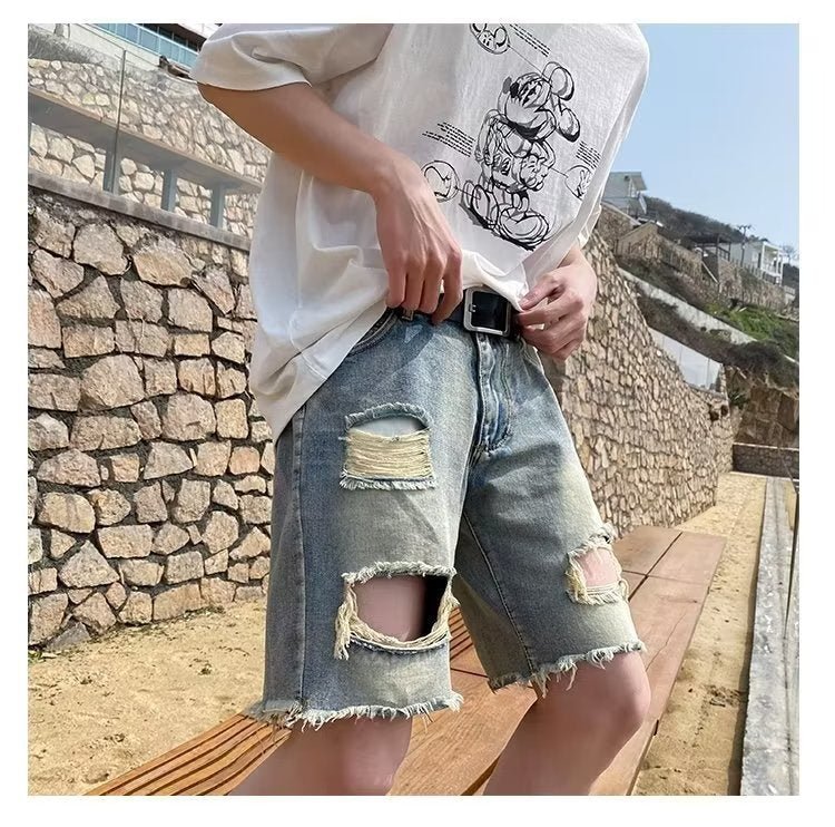 Summer New Ripped Rouge Denim Five-point Jeans ins Trendy Couples All-match Loose Niche Five-point Pants - FATAONSummer New Ripped Rouge Denim Five-point Jeans ins Trendy Couples All-match Loose Niche Five-point PantsMode HommeFATAON