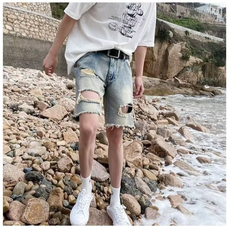 Summer New Ripped Rouge Denim Five-point Jeans ins Trendy Couples All-match Loose Niche Five-point Pants - FATAONSummer New Ripped Rouge Denim Five-point Jeans ins Trendy Couples All-match Loose Niche Five-point PantsMode HommeFATAON