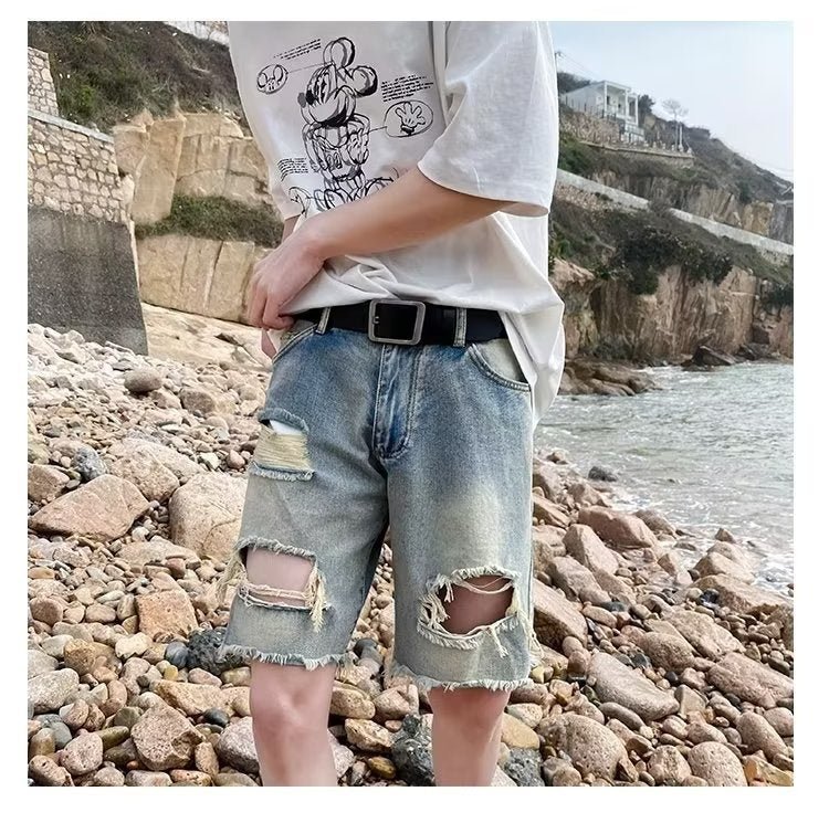 Summer New Ripped Rouge Denim Five-point Jeans ins Trendy Couples All-match Loose Niche Five-point Pants - FATAONSummer New Ripped Rouge Denim Five-point Jeans ins Trendy Couples All-match Loose Niche Five-point PantsMode HommeFATAON
