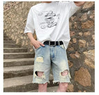 Summer New Ripped Rouge Denim Five-point Jeans ins Trendy Couples All-match Loose Niche Five-point Pants - FATAONSummer New Ripped Rouge Denim Five-point Jeans ins Trendy Couples All-match Loose Niche Five-point PantsMode HommeFATAON