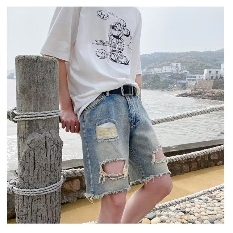 Summer New Ripped Rouge Denim Five-point Jeans ins Trendy Couples All-match Loose Niche Five-point Pants - FATAONSummer New Ripped Rouge Denim Five-point Jeans ins Trendy Couples All-match Loose Niche Five-point PantsMode HommeFATAON