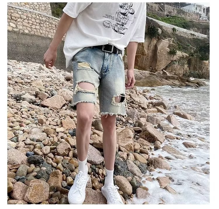 Summer New Ripped Rouge Denim Five-point Jeans ins Trendy Couples All-match Loose Niche Five-point Pants - FATAONSummer New Ripped Rouge Denim Five-point Jeans ins Trendy Couples All-match Loose Niche Five-point PantsMode HommeFATAON