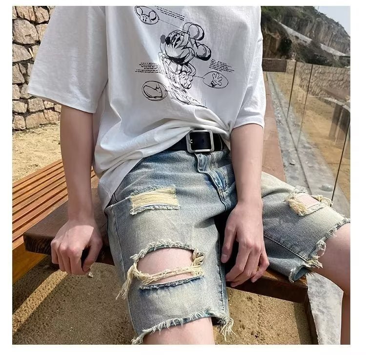 Summer New Ripped Rouge Denim Five-point Jeans ins Trendy Couples All-match Loose Niche Five-point Pants - FATAONSummer New Ripped Rouge Denim Five-point Jeans ins Trendy Couples All-match Loose Niche Five-point PantsMode HommeFATAON