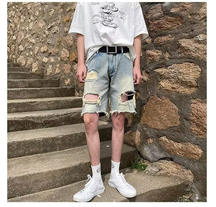 Summer New Ripped Rouge Denim Five-point Jeans ins Trendy Couples All-match Loose Niche Five-point Pants - FATAONSummer New Ripped Rouge Denim Five-point Jeans ins Trendy Couples All-match Loose Niche Five-point PantsMode HommeFATAON