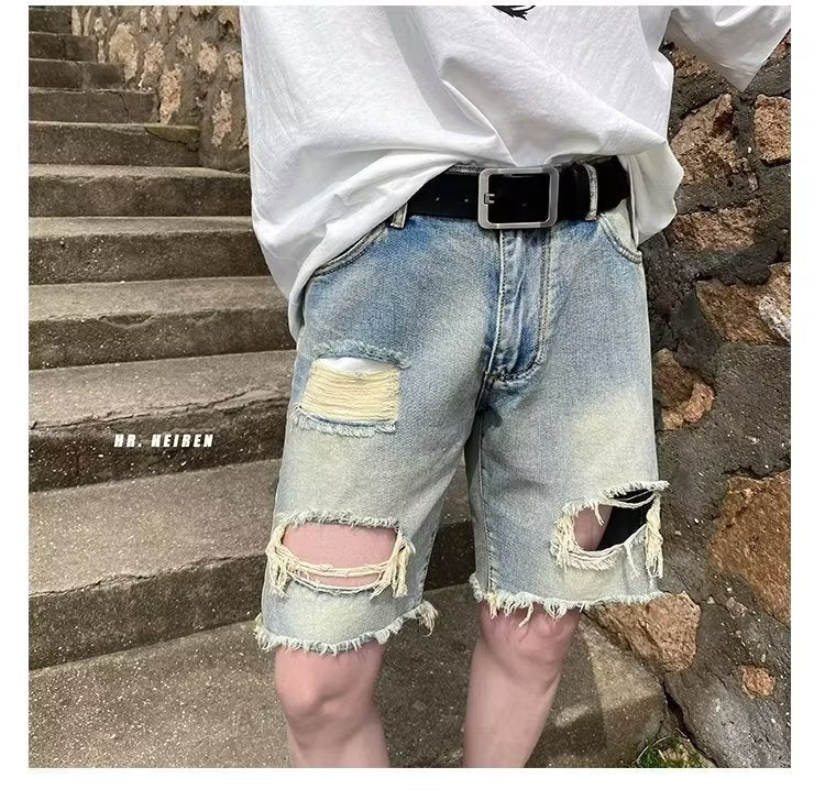 Summer New Ripped Rouge Denim Five-point Jeans ins Trendy Couples All-match Loose Niche Five-point Pants - FATAONSummer New Ripped Rouge Denim Five-point Jeans ins Trendy Couples All-match Loose Niche Five-point PantsMode HommeFATAON