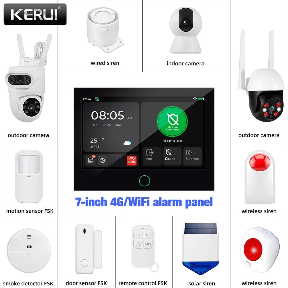 Système d'alarme domestique KERUI 4G/WiFi GSM avec écran tactile IPS de 7 pouces, compatible avec le système d'alarme de sécurité sans fil Tuya, anti-cambriolage - FATAONSystème d'alarme domestique KERUI 4G/WiFi GSM avec écran tactile IPS de 7 pouces, compatible avec le système d'alarme de sécurité sans fil Tuya, anti-cambriolageSolutions MaisonFATAON