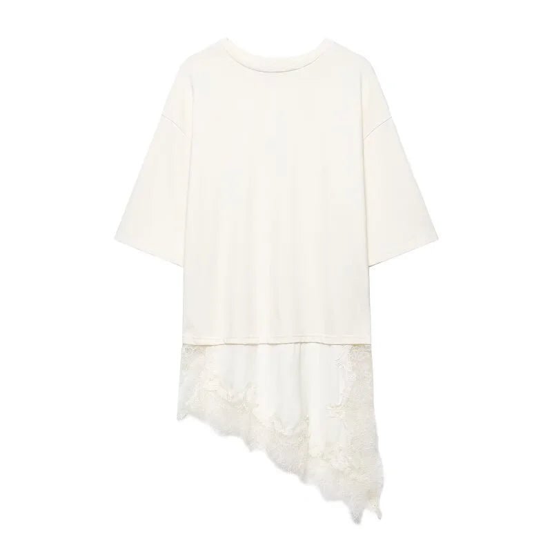 T-shirt asymétrique à manches mi-longues pour femmes, avec garniture en dentelle, pour la rentrée scolaire, tenue décontractée quotidienne, haut polyvalent à la mode, 4 couleurs - FATAONT-shirt asymétrique à manches mi-longues pour femmes, avec garniture en dentelle, pour la rentrée scolaire, tenue décontractée quotidienne, haut polyvalent à la mode, 4 couleursMode FemmeFATAON
