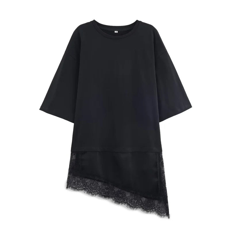 T-shirt asymétrique à manches mi-longues pour femmes, avec garniture en dentelle, pour la rentrée scolaire, tenue décontractée quotidienne, haut polyvalent à la mode, 4 couleurs - FATAONT-shirt asymétrique à manches mi-longues pour femmes, avec garniture en dentelle, pour la rentrée scolaire, tenue décontractée quotidienne, haut polyvalent à la mode, 4 couleursMode FemmeFATAON