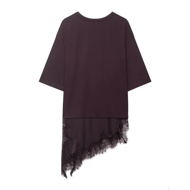 T-shirt asymétrique à manches mi-longues pour femmes, avec garniture en dentelle, pour la rentrée scolaire, tenue décontractée quotidienne, haut polyvalent à la mode, 4 couleurs - FATAONT-shirt asymétrique à manches mi-longues pour femmes, avec garniture en dentelle, pour la rentrée scolaire, tenue décontractée quotidienne, haut polyvalent à la mode, 4 couleursMode FemmeFATAON