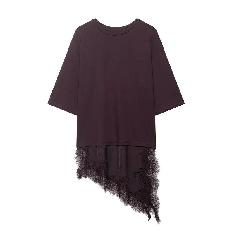 T-shirt asymétrique à manches mi-longues pour femmes, avec garniture en dentelle, pour la rentrée scolaire, tenue décontractée quotidienne, haut polyvalent à la mode, 4 couleurs - FATAONT-shirt asymétrique à manches mi-longues pour femmes, avec garniture en dentelle, pour la rentrée scolaire, tenue décontractée quotidienne, haut polyvalent à la mode, 4 couleursMode FemmeFATAON