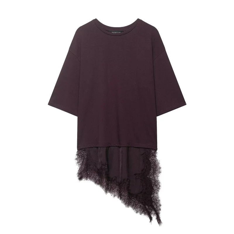 T-shirt asymétrique à manches mi-longues pour femmes, avec garniture en dentelle, pour la rentrée scolaire, tenue décontractée quotidienne, haut polyvalent à la mode, 4 couleurs - FATAONT-shirt asymétrique à manches mi-longues pour femmes, avec garniture en dentelle, pour la rentrée scolaire, tenue décontractée quotidienne, haut polyvalent à la mode, 4 couleursMode FemmeFATAON