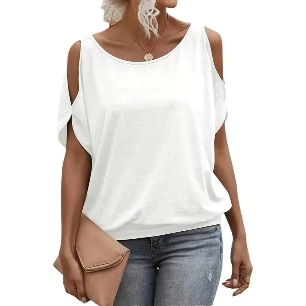 T-shirt pour femme à épaules dénudées, manches courtes, en maille douce unie, coupe ample, décontracté, chic, respirant, pour le quotidien, printemps-été - FATAONT-shirt pour femme à épaules dénudées, manches courtes, en maille douce unie, coupe ample, décontracté, chic, respirant, pour le quotidien, printemps-étéMode FemmeFATAON