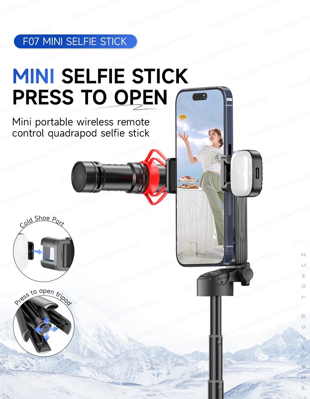 TOKQI Tripod Extendable Selfie Stick Phone Holder Mini Quadpod for Mobile Phone Vlog Video Recording with Zoom, Optional Light - Fix & GoTOKQI Tripod Extendable Selfie Stick Phone Holder Mini Quadpod for Mobile Phone Vlog Video Recording with Zoom, Optional LightVidéo & PhotoFix & Go