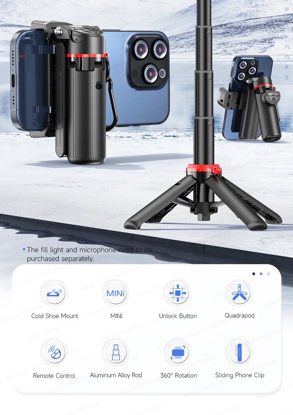 TOKQI Tripod Extendable Selfie Stick Phone Holder Mini Quadpod for Mobile Phone Vlog Video Recording with Zoom, Optional Light - Fix & GoTOKQI Tripod Extendable Selfie Stick Phone Holder Mini Quadpod for Mobile Phone Vlog Video Recording with Zoom, Optional LightVidéo & PhotoFix & Go